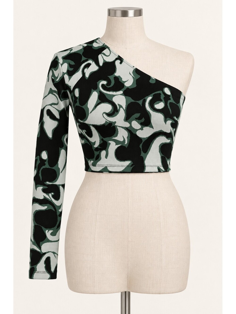 NWT Zara Jacquard One Shoulder Crop Top Green Black Ring Size S (2134)